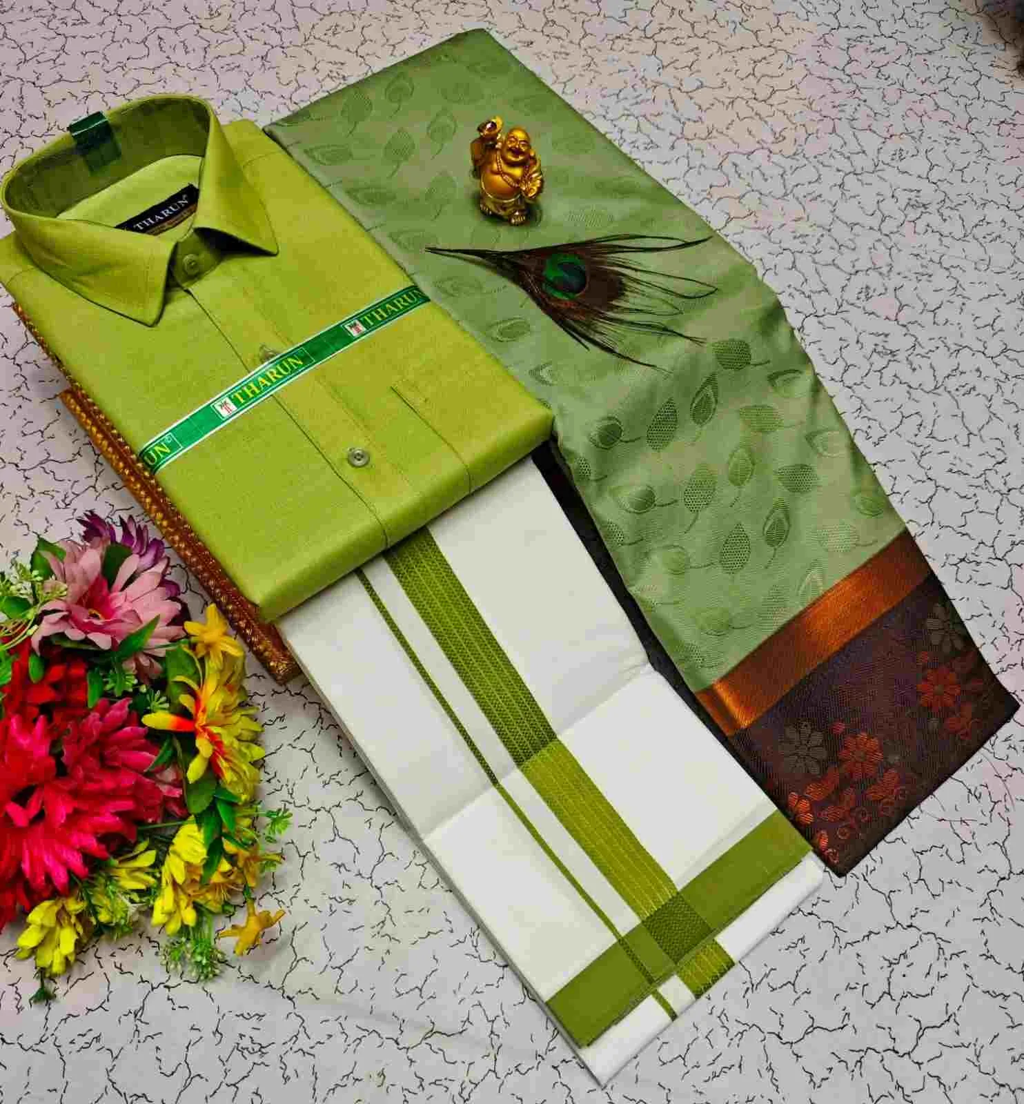 Mayil Lime Green & Pista Green Contrast Karizma Silk Couple Combo